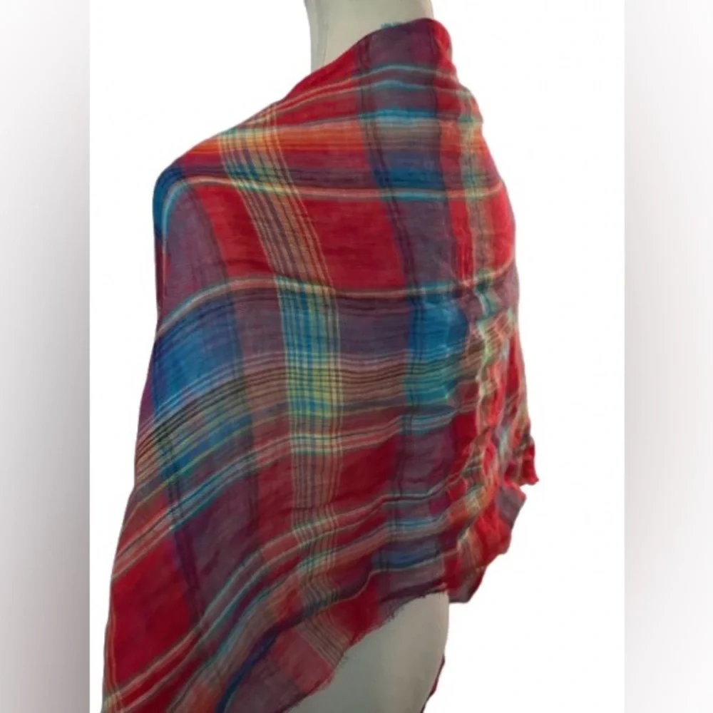 Polo Ralph Lauren Linen Plaid Red Aqua Colorful Linen Scarf Logo Embroidered